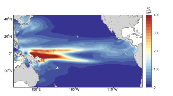 Map showing the Pacific Ocean with an area coloured red near Australia indicating a greater density of tuna fish.