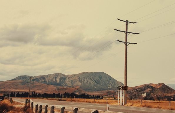 Power lines along a road near Castle Hill, New Zealand.