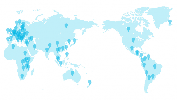 Map of the world with blue location pins over each country that has an NREN