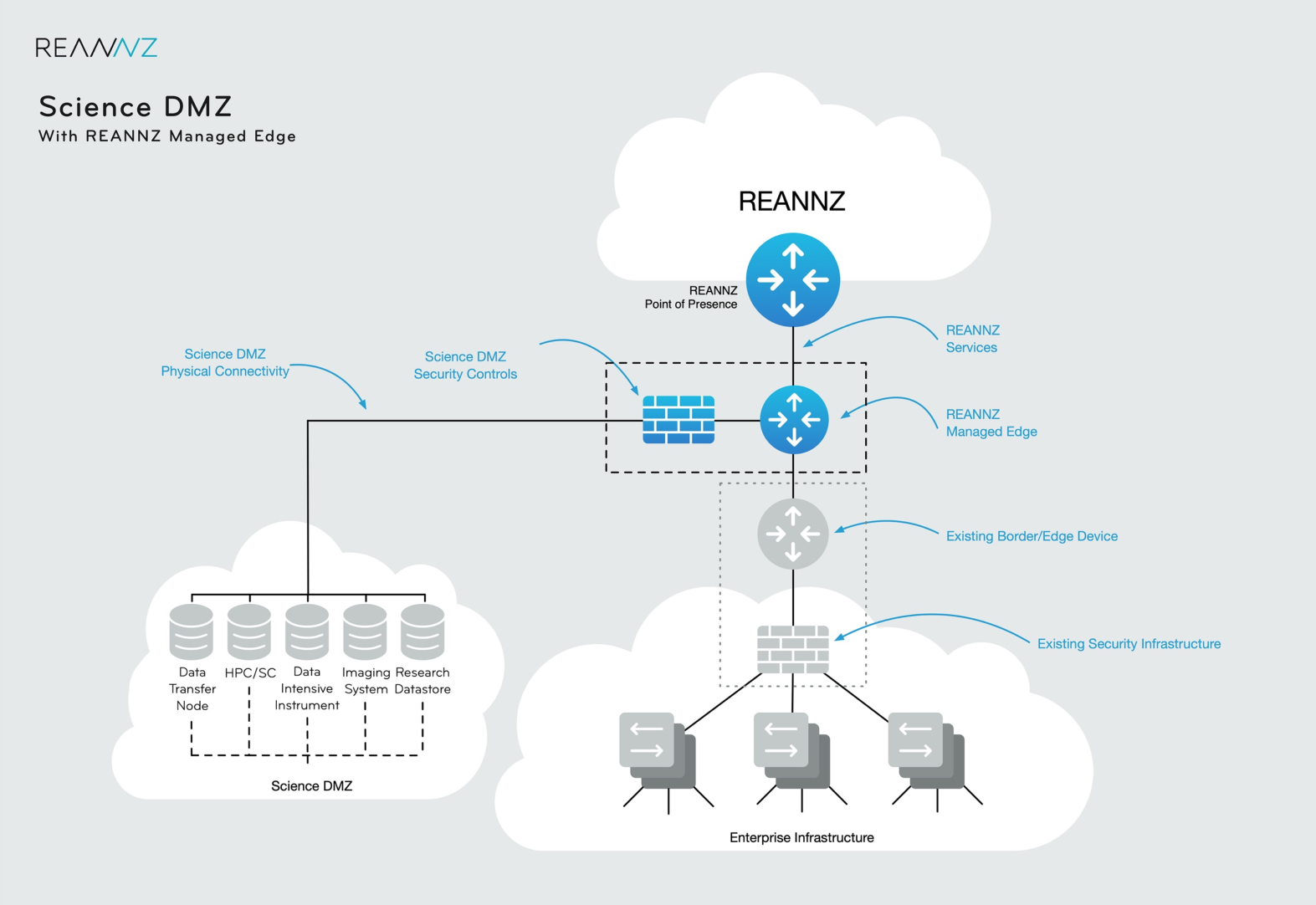 Diagram showing the logical and physical topology of a Science DMZ with one REANNZ managed edge device