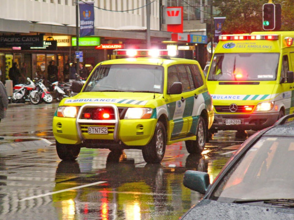 An ambulance driving through the streets of Wellington.